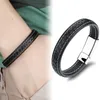 Brand New Black Genuine Leather 12mm Silver Tone Stainless Steel Vogue Mens Jewelry Bangle Bracciale a scatto magnetico