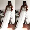 Prom Sukienka Długie Kryształy Zroszony Top Illusion Halter High Neck Bez Rękawów Biały Szyfonowy Custom Made Evening Party Nosić Formalne Suknie