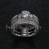 Vecalon Vintage ring 3ct Simulated diamond cz 14KT White Gold Filled 3-in-1 Engagement Wedding Band Ring Set for Women Sz 5-11