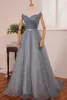 Stunning Prom Dress Long A Line Navy Blue Silver Grey Sequins Tulle Sweetheart Neck Off the Shoulder Evening Gowns with Beaded Belt