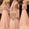 Muslimsk chiffong aftonklänningar höghals långa ärmar guldapplikationer saudiarabien prom klänning en linje golvlängd formell party klänning5649122