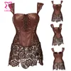 Groothandel-Steampunk Bruin Kant en Lederen Corset Jurk Punk Gothic Kleding Sexy Korset Taille Training Corsetten Plus Size Lingerie 6XL