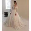 Zuhair Murad Lace Ball Gown Wedding Dresses with Long Sleeve Sexy Sheer Crew Neck Elegant Applique Bridal Gowns Court Train Zipper Back