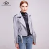 Jaquetas femininas Atacado - Bella Filosofia Mulheres 2021 Outono Casaco de Inverno Jaqueta Zipper Collar Colar Faux Camurça Biker Khaki Gray1