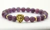 2016 Partihandel 8mm Toppkvalitet Naturliga Amethyst Stenpärlor Real-Gold Plated Lion Head Energy Armband Mens Smycken Mens Present