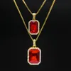 2-teiliges Rubin-Halsketten-Schmuckset, Silber, vergoldet, Iced Out, quadratisch, roter Anhänger, Hip-Hop-Box, Kette226U