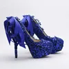 Blauwe kleur kant trouwschoenen lovertjes glitter nachtclub pompen mooie satijnen boog vrouwen prom schoenen partij blauwe jurk schoenen