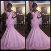 2017 livraison gratuite Afrique Arabie Saoudite Rose Sirène Robes De Bal Sexy Manches Courtes Robes De Soirée Dentelle Appliques Perlée robe de festa