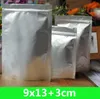 Partihandel 9-37cm Silver Pure Aluminium Ställ upp Zipper Plastpåsar 100st / Många för Livsmedel Socker Tea Storage Reclosable Bag