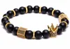 Black Pave CZ Zirconia Oro Rey Crown Charm Strands Pulsera Hombres Enamel Opaque Matte Brazalete de Cuentas Piedra