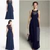 Abiti da damigella d'onore blu navy in chiffon lungo pavimento lunghezza vita impero damigella d'onore collo gioiello cerniera trasparente pizzo posteriore onore abiti da sposa