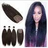 Virgin Peruvian Kinky Straight Hair With 4x4 Silk Base Closure 4Pcs Lot Italian Coarse Yaki Silk Top Closure With Virgin Hair Weave Bundles