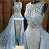 2019 Elie Saabイブニングドレスの取り外し可能な閲覧ディープVネックイリュージョンブルーグレー真珠ビーズレースアップリケチュールセレブリティProm Gown