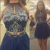 Sparkly Two Pieces Homecoming Dress Turquoise Tulle Short School Formal A-line Halter Crystal Sheer Navy Blue Prom Dress