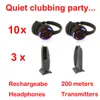 Professionelles Silent Disco-System mit schwarzen LED-Funkkopfhörern – Quiet Clubbing Party Bundle mit 10 Headsets und 3 Sendern