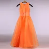 Vestidos cetim organza long flor girl vestido laranja 2019 jóia pescoço mãe vestidos de piso comprimento de crianças vestidos de noite