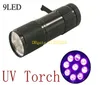 Free Shipping Mini Portable 9 LED UV Ultra Violet Flashlight Torch Light Lamp Black color,100pcs/lot