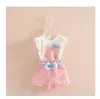 Novo design Fashion Girls Love Heart top sem mangas colete + xadrez Calça curta terno arco roupas de bebê 2 cores