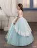 Girls Wedding Dresses 2021 Pentelei with Lace Up Back and Bow Sash Appliques Tulle Sky Blue Flower Girls Gowns for Weddings