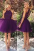 New Arrival Purple Halter Mini Homecoming Dress Tulle Open Back Plus Size A-line Beaded Open Back Short Cocktail Dress