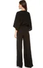 Simple 2016 Latest Black Chiffon Jumpsuit Evening Wear Cheap Deep V Neck 3/4 Long Sleeve Bow Sash Pants Suit Custom Made EN5162