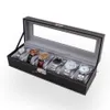 Duże 6 Slot PU Skóra Senior Watch Box Display Case Organizer Glass Glass Top Jewelry Storage Organizer Box Czarny z białą sticking