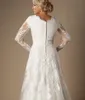 Abiti da sposa modesti con applicazioni in pizzo vintage a trapezio avorio con maniche lunghe con scollo a V maniche lunghe abiti da sposa su misura