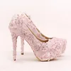 Pink Lace Prom Shoes Handmade Rhinestone Bridal Dress Shoes Platform Formal Shoes 5.5 Inches Comfortable Wedding Party Pumps