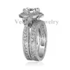 Vecalon antika smycken blomma kvinnor ring rund klippa 2ct simulerad diamant cz 925 sterling silver kvinnlig bröllop band ring set