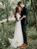 New Lace Long Sleeves Modest Country Wedding Dresses 2021 V Neck Floor Long Chiffon Bohemian Bridal Gowns Plus Size 370