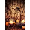 Joyeux Halloween Enfants Décors Vintage Brun Bois Mur Plancher Toile D'araignée Citrouilles Lanterne En Bois Chariot Valise Enfants Photo Fond