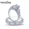 Vecalon Vintage Luxury Smycken Kvinnor Ring Princess Cut Simulerad Diamond CZ 925 Sterling Silver Bröllop Band Ring Set för kvinnor