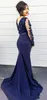 Evening Dresses Wear 2017 New Jewel Neck Lace Applique Beaded Prom Dress Long Sleeves Illusion Mermaid Navy Blue Satin Formal Party Gowns