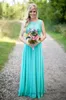 Turquoise Long Country Bridesmaid Dresses Scoop Neckline Chiffon Floor Length Lace V Backless Long Maid Of Honor Bridesmaid Dresses