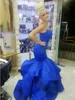 Royal Blue Mermaid Prom Dresses Sweetheart Spaghetti Bandjes Tiered Rok Satijnen Mermaid Avondjurken Formele Jurken