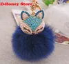 16CM rabbit fur fox key chains Bling Rhinestone Fox Real Rabbit Fur Ball Fluffy Keychain Car Key Chain Ring Pendant Bag Charm3118