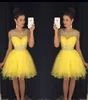 Rhinestone Yellow Cocktail Dresses 8th grade short Prom Dress crystal homecoming dress Sheer Neck Mini Graduation Party Dress Custom Made