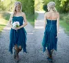 Hot Cheap Country Style Bridesmaid Dresses Teal Chiffon Wedding Guest Wear Lace Sweethert High Low Length Summer Party Maid of Honor Gowns