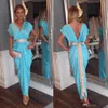 Ny Sky Blue Formal Dresses Evening Arabic Abaya Dubai Long Sexy V Neck Vestidos Festa med sash