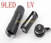 Free Shipping Mini Portable 9 LED UV Ultra Violet Flashlight Torch Light Lamp Black color,100pcs/lot