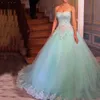 Sweet 16 Dresses Mint Ball Gown Strapless Sweetheart Sleeveless Lace Top Appliques Soft Tulle Beaded Crystals Waist Prom Gowns