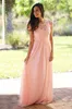 2020 Blush Pink Lace Bridesmaid Dresses Bohemian Cap Sleeves Golvlängd Chiffon Beach Wedding Gästklänningar Garden Maid of Honor300o