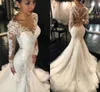 Moderna sjöjungfru bröllopsklänningar Sexiga långa ärmar Lace Appliques Beaded Sheer Back Plus Size Court Train Custom Wedding Dress Bridal Gowns