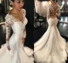 Abiti da sposa moderni a sirena Maniche lunghe sexy Appliques in pizzo Perline Sheer Back Plus Size Corte dei treni Abito da sposa personalizzato Abiti da sposa