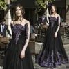 Charming Black And Purple Lace Appliqued Prom Dresses Sheer Neck Illusion Long Sleeves Tulle Evening Gowns Floor Length Formal Wear