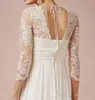 3/4 Long Sleeve Short Beach Lace Wedding Dresses With V-Neck Ruffles Knee Length Empire Backless Chiffon Summer Bridal Gowns New Fashion