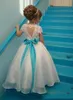 Beyaz Küçük Kızlar Için Çiçek Kız Elbise Düğün Dantel Aplike Jewel Kısa Kapaklı Kollu Pageant Elbise Aç Geri Custom Made Parti Elbise