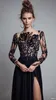 Elegant Black Lace Applique Evening Dresses With Illusion Long Sleeve 2017 Chiffon Floor Length Side Split Prom Dresses Formal Party Dresse