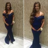 Marinha azul maternidade longo vestido de noite de alta qualidade da sereia fora do ombro mulheres grávidas usam vestido de festa de formatura formal vestido de festa