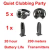 Professional Silent Disco black folding wireless headphones - Quiet Clubbing Party Bundle 5 Foldable Earphones with 1 Transmitter 200m Distance